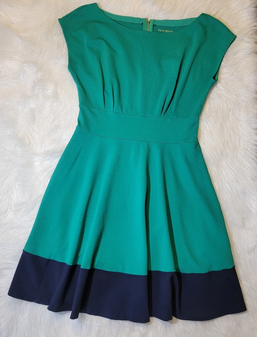 Abito Kate Spade verde smeraldo e blu navy colorblock Ponte Fiorella aderente taglia MED