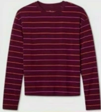 A New Day Long Sleeve T-Shirt Women's Burgundy Striped Large Pink Orange Stripes