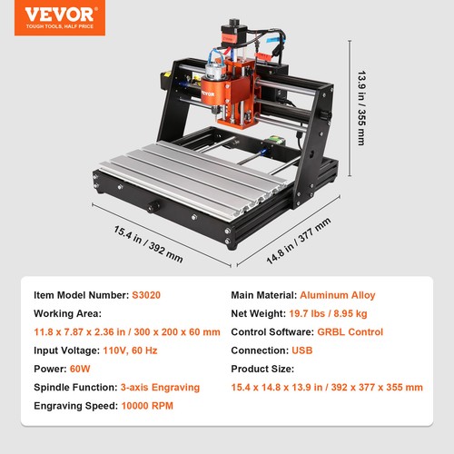 VEVOR CNC-Fräsmaschine Graviermaschine 120W 3-Achsen-GRBL-Steuerung Holzgravur - Bild 7 von 12