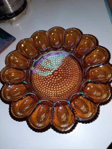 Indiana Depression Marigold Carnival Glass Deviled Egg Vintage Hobnail Plate