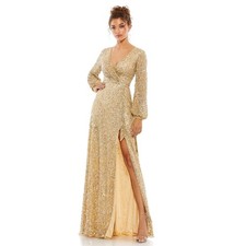 Mac Duggal 5213 Champagne Sequined Long Sleeve Faux Wrap Gown Size 6 New