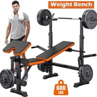 Weight Bench, Adjustable Bench Press w/ Leg Extension, Barbell Rack 600lbs
