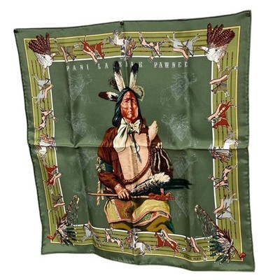 HERMES Carre 45 Pani la Shar Pawnee Vintage Silk Scarf Kermit