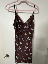 Urban Outfitters Brown Blue Butterfly Satin Cowl Neck Strappy Mini Slip Dress