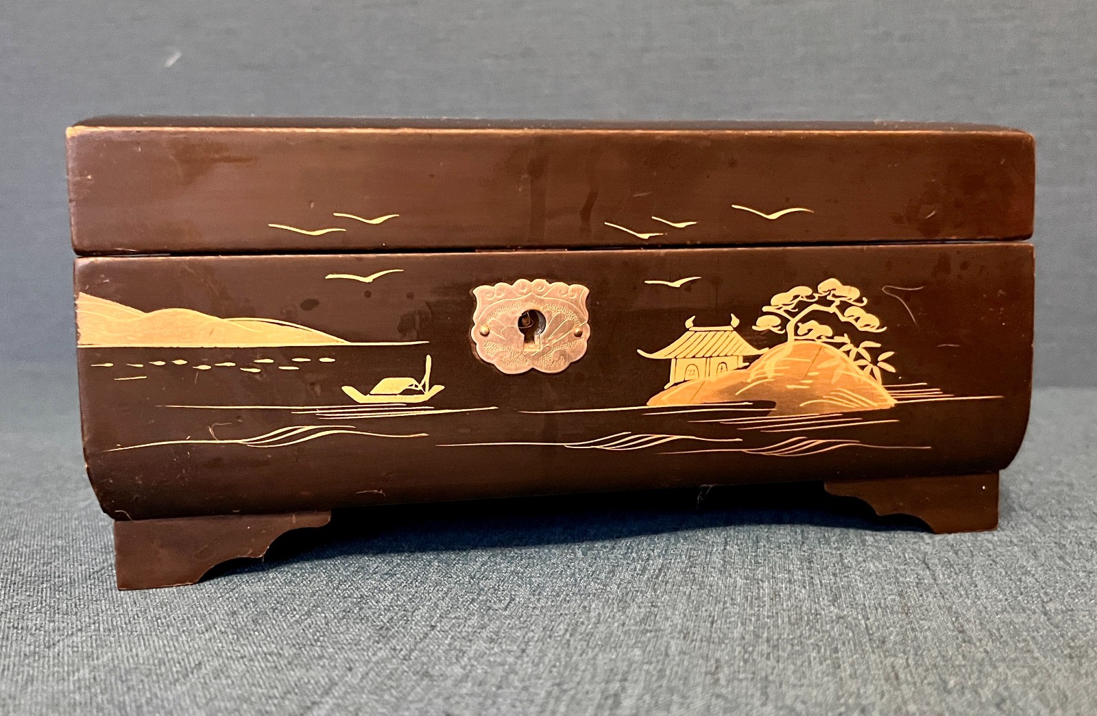 Vintage Japanese Musical Jewellery Box Ebonised Dancer Mirror Key  Working image 10