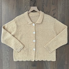St. John Knit Button Front Cardigan Sweater with Crochet Trim in Yellow Medium