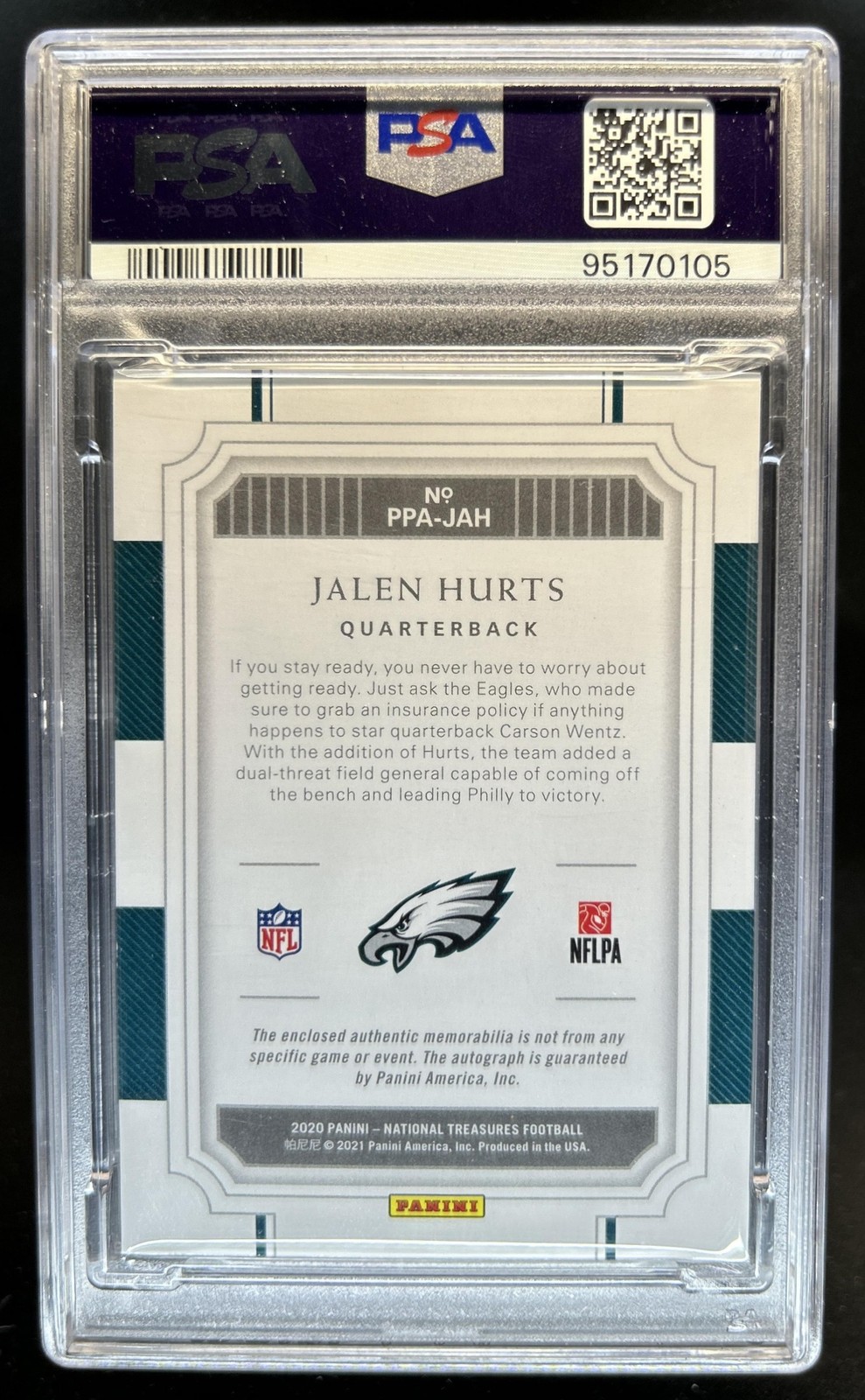 2020 Panini National Treasures Jalen Hurts Prodigy Patch Auto Gold RC #/25 PSA 9 view 2