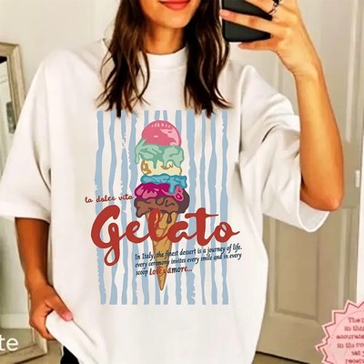 Ice Cream A 'Le Dolce Vita Gelato' Print Shirt Casual Women's Graphic Tops Tees