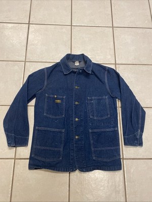 VTG OshKosh B'Gosh Blue Denim Chore Jacket 40R Railroad Sanforized Workwear XL*
