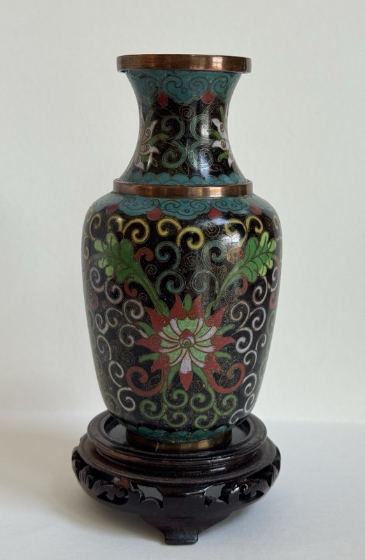 Vintage Chinese Cloisonné Vase Black W/Flowers 6” Impressed “CHINA”