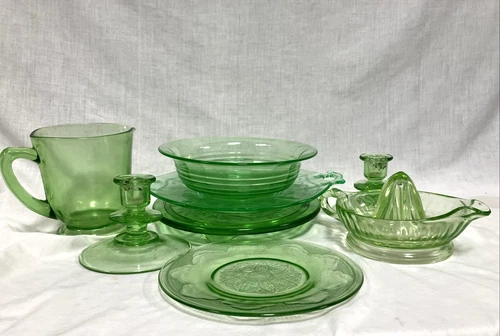 Lot Of Vtg Green Depression Glass 8 Pcs Candle Holder, Reamer,Jug Serving Plate