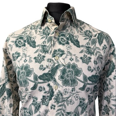 HAWES & CURTIS Shirt Mens LARGE (44'') Long Sleeve Cream with Green Floral Design