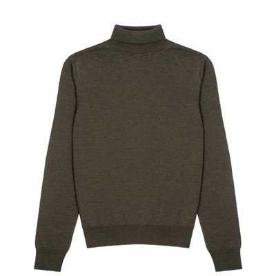 Sunspel Womens Merino Silk Roll Neck Sweater Dark Moss