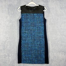 Elie Tahari Sleeveless Tweed Lamb Leather Sheath Dress Size 4 Blue Black