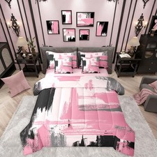 7 Pieces Pink and Black Abstract Full Comforter Set Black and Pink Comforter ...