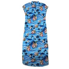 Hilo Hattie Hawaiian Original Maxi Dress Blue Floral Ukulele Cap Sleeve Medium