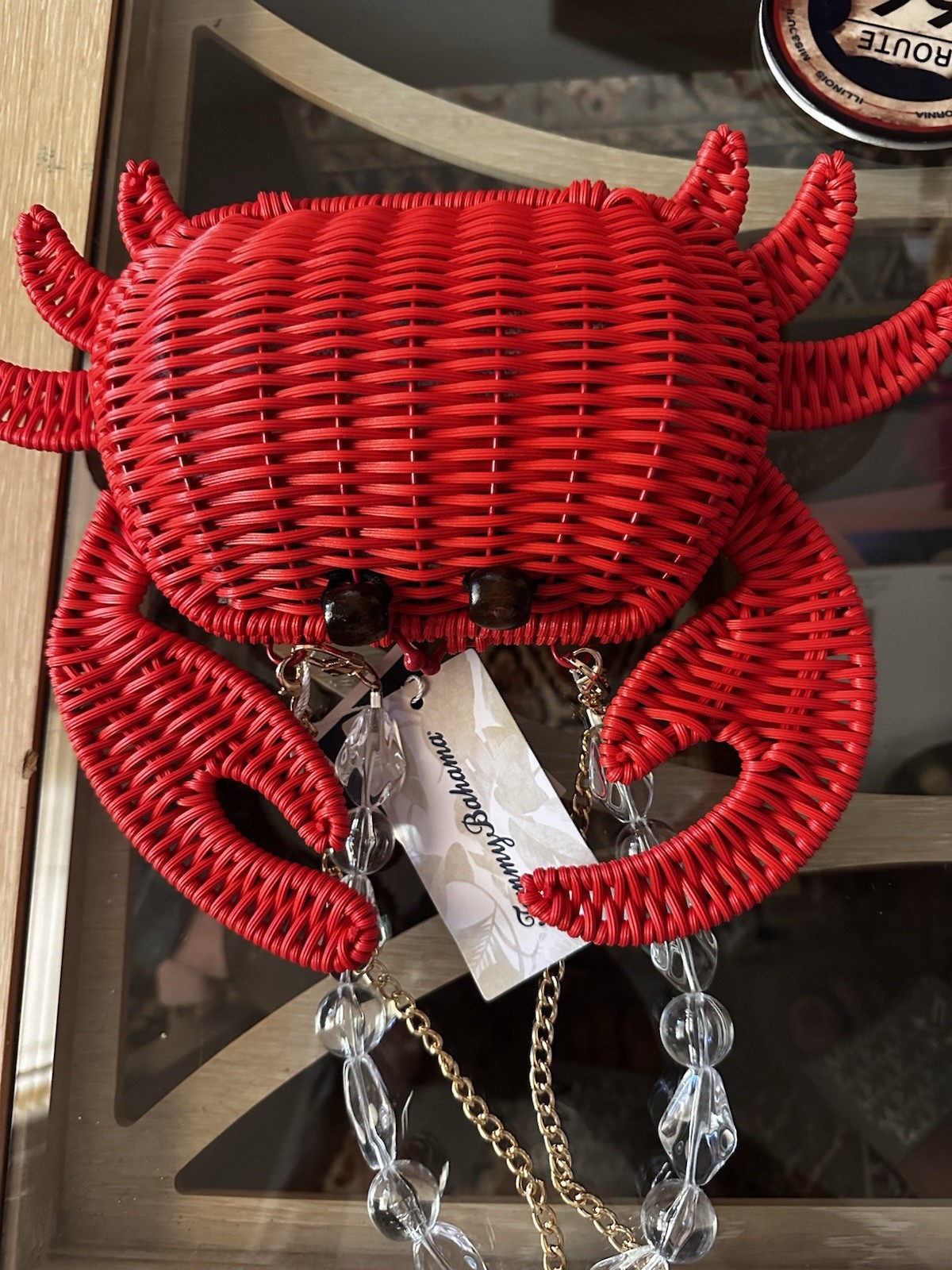 Tommy Bahama Red Crab Novelty Shoulder Bag Gold Chain Strap, Lined, Open