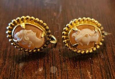 Vintage Gold Filled Cameo Screw Back Earrings Shell Portrait Cameos