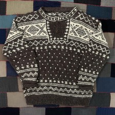 Vintage 90s Henley Nordic Fair Isle Knit Sweater Chunky SKi Cabin Outdoors