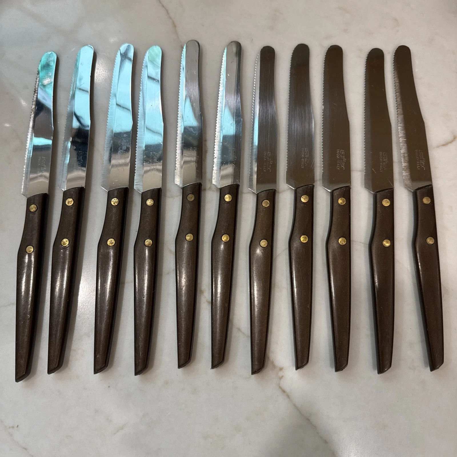 11 VTG Steak Knives Isoflex Inox Wood tone Handle Serrated Retro Made In Italy