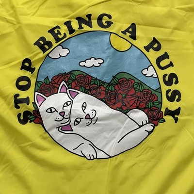 Ripndip Jacket Mens Large Yellow Gray Hooded Cat Humor Windbreaker Anorak