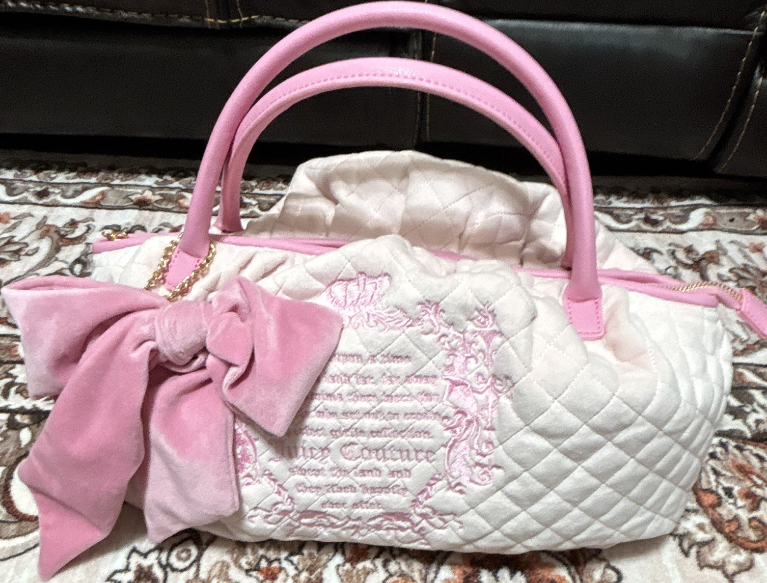 Juicy Couture Pink/White Quilted Bowler Zip w/ Bow & Heart Charm