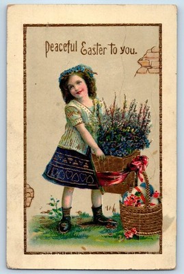 1914 Easter Child Girl With Flowers Pipe Berry Basket Gel Gold Gilt Postcard