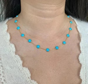 Authentic 7Ct Round Cut Lab Created Turquoise Women Chain Necklace 14K Yellow Gold Plated