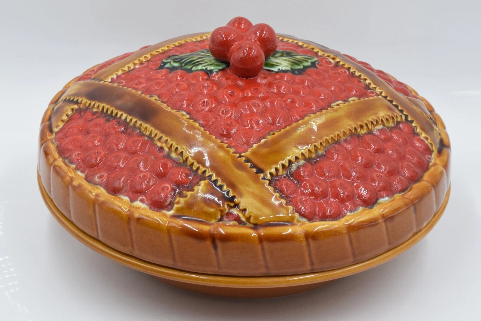 Vintage Cherry Pie Ceramic Tureen Lidded Serving Dish 11” Kitsch Portugal