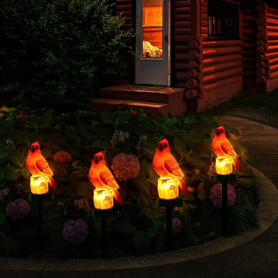 Estatuilla de pájaro rojo decoración jardín cardenal luz solar conmemorativa exterior estaca patio Foto 4 de 4