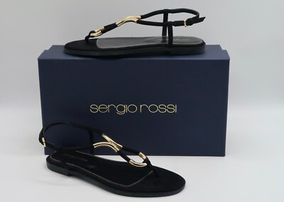 SERGIO ROSSI Scarpe Donna Flat Thong Black Suede Leather Sandals  