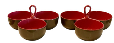 Set of 2 Melamine Three Container Bowl Condiment Snack Server Cherry Brown 9.5''