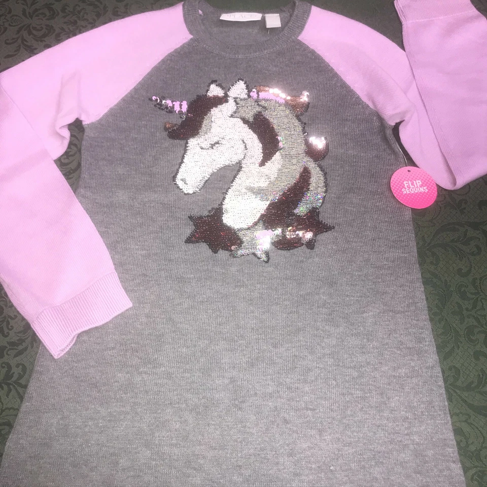NUEVO CON ETIQUETAS 14 Unicornio Lentejuelas Abatibles Cumpleaños Suéter Vestido Navidad Niños Lugar Foto 3 de 4
