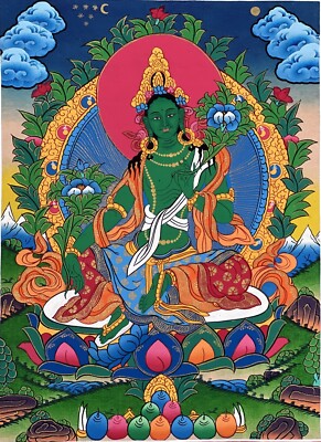 グリーンターラ　タンカペイント ORIGINAL HAND PAINTED GREEN TARA MOTHER GODDESS TIBETAN THANGKA