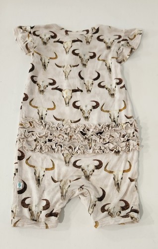 Posh Peanut Austin Ruffle Henley Shortie Romper 12-18 Cow Skull Bamboo Western - Picture 4 of 6