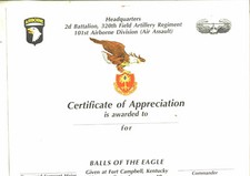 USA Urkunde 101st Airborne Headquarter 2d Battalion 320th Field Artillery