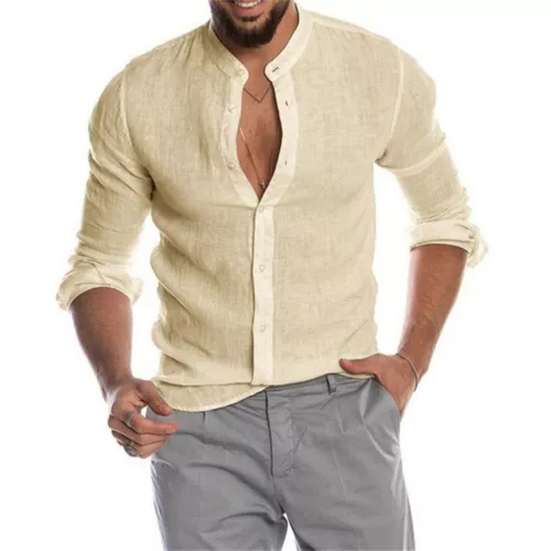Herren Freizeit Lose Leinen Cardigan Shirt Ständer Kragen Langarm Blusen Tops - Bild 3 von 88
