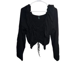 Wild Fable Blouse Women's Large Black Cropped Ruffle Whimsigoth Tie Top Shirt