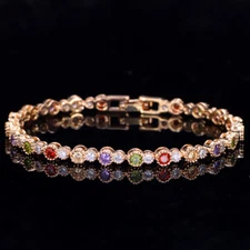 Yellow Gold Plated Multicolored Bracelet CZ Tennis Thin Bridal Costume Jewelry