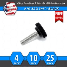 #10-32 x 3/4" Thumb Screw Stainless Steel - Black Round Knurled Knob - USA