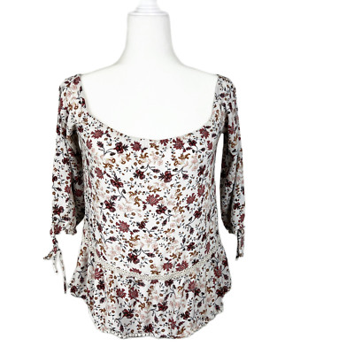 American Eagle Blouse Women Small White Floral Boho Peplum Quarter Sleeve AEO