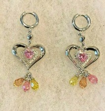 Sterling Pink CZ Heart Shape Earring with Pastel Drops 1 7/8 In. Long- 8.0 Grams