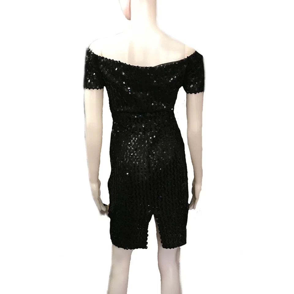 Vintage 80s Glenrob Black Sequined Off the Shoulder Convertible Cocktail Dress S - Image 3 of 4