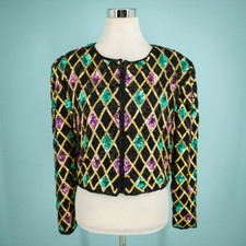 Vintage Laurence Kazar 90s Size Large L Petite Black Diamond Sequin Silk Jacket