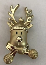 Vintage Gold Tone Reindeer Christmas Jewelry 2-1/2"  Brooch Pin AB-39