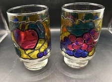 Pair Libbey Fruit Pattern Stained Glass 12 oz Tumbler Juice Bar Rocks Vtg Retro