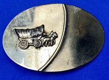 Vintage Horse Drawn Covered Wagon Western Silver Color Oval Belt Buckle