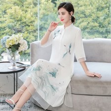 Womens Chinese Style A-Line Qipao Dress Embroideryloose Hanfu Ethnic Cheongsam
