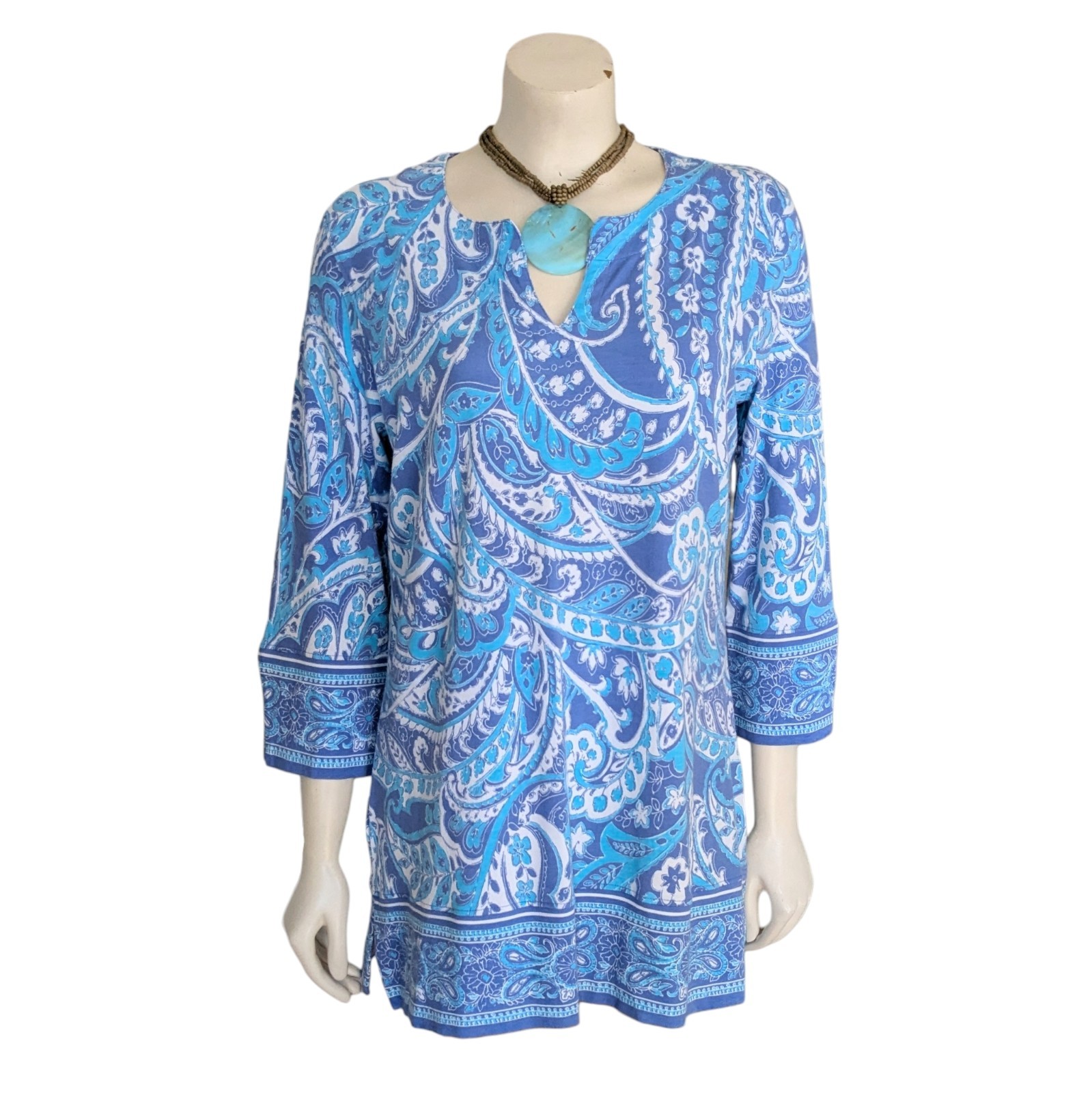 Coolibar St Lucia Tunic Top Blue Geometric UPF 50+ Bamboo Blend Size Medium