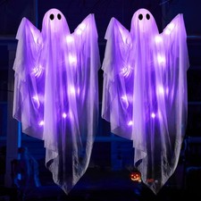 47 Halloween Hanging Light up Ghost Decor w/LED Light 2Pc White Hanging Ghost